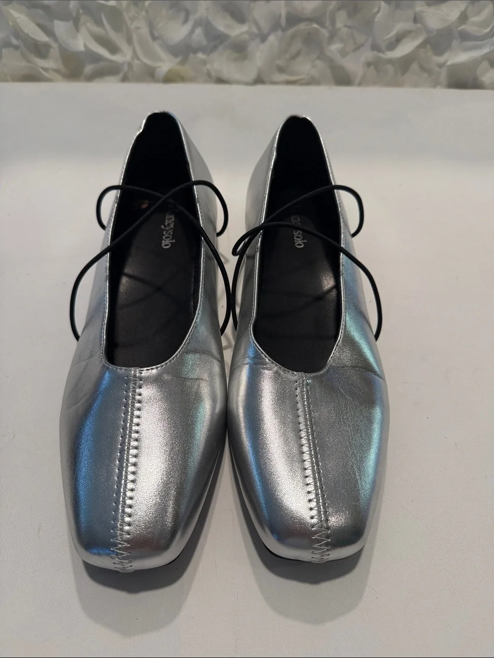 Metallic Silver Square-Toe Lace-Up Flats
